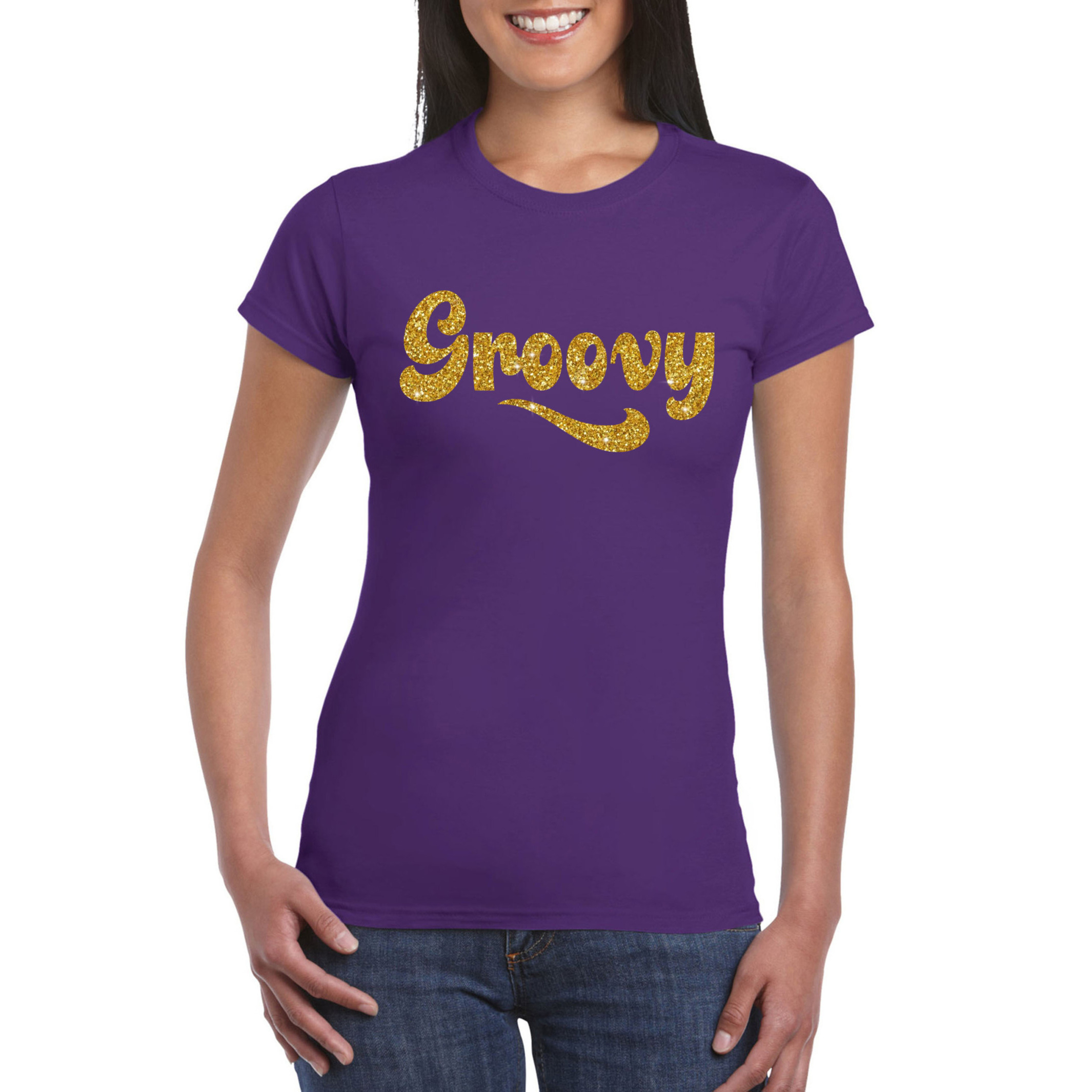 Toppers - Paars Flower Power t-shirt Groovy met gouden letters dames - 1