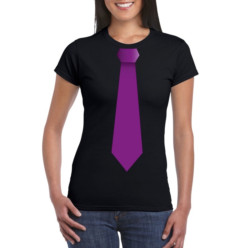 Toppers - Zwart t-shirt met paarse stropdas dames - 1