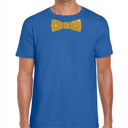 Blauw fun t-shirt met vlinderdas in glitter goud heren