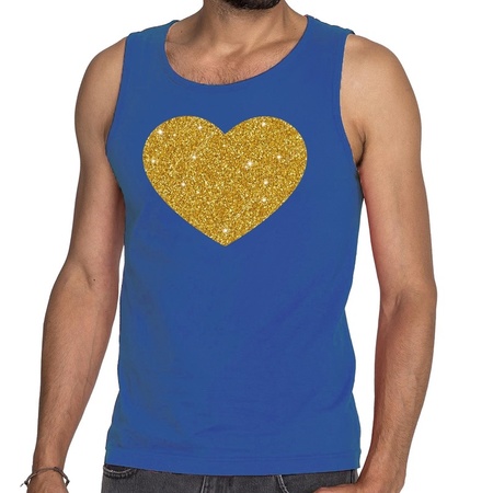 Gouden hart glitter tanktop / mouwloos shirt blauw heren