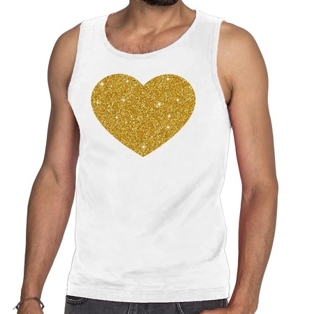 Gouden hart glitter tanktop / mouwloos shirt wit heren