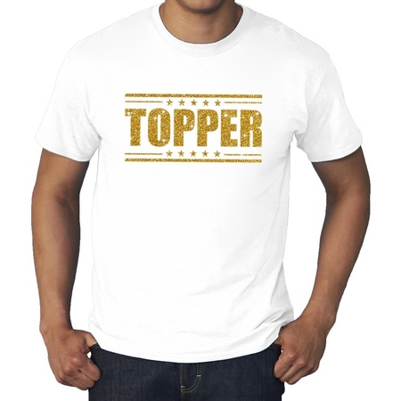 Grote maten Topper shirt wit met gouden glitters heren