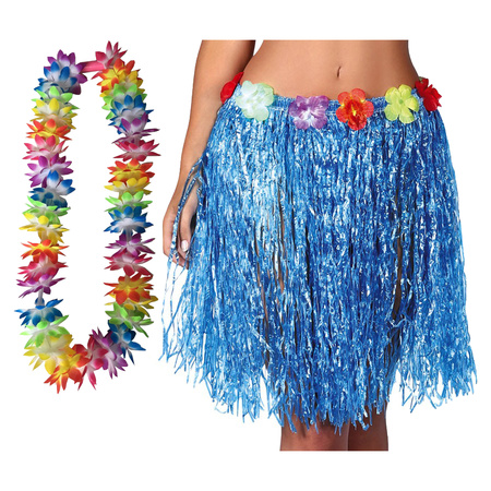 Toppers - Hawaii verkleed hoela rokje en bloemenkrans met led - volwassenen - blauw - tropisch themafeest