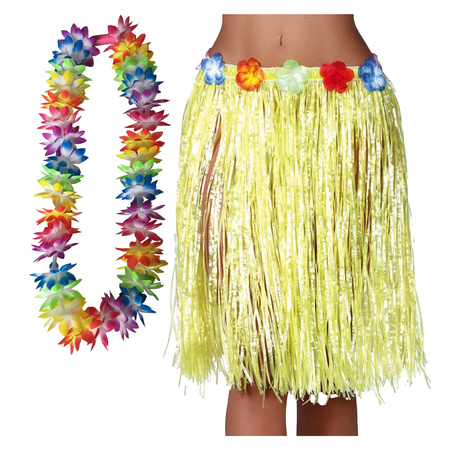 Toppers - Hawaii verkleed hoela rokje en bloemenkrans met led - volwassenen - geel - tropisch themafeest