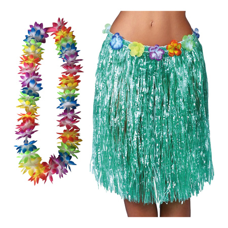 Toppers - Hawaii dress up hula skirt and garland with LED - adults - green - tropical themed party