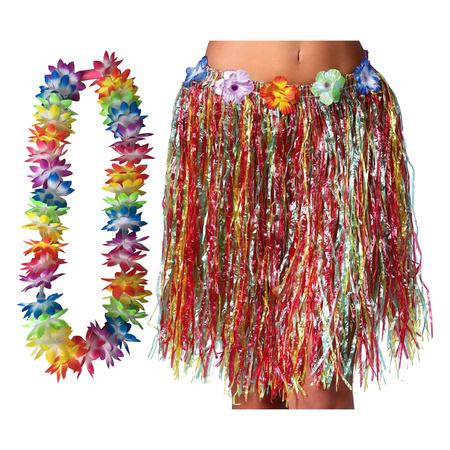 Toppers - Hawaii dress up hula skirt and garland with LED - adults - multicolor - tropical themed party