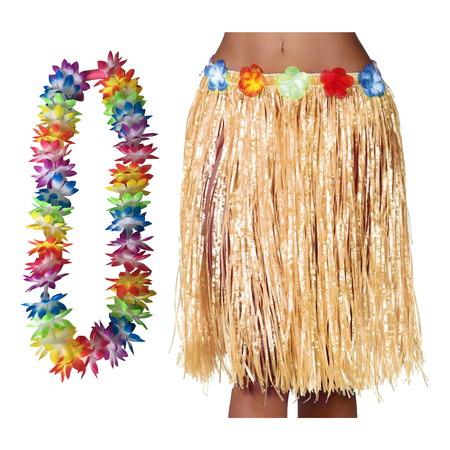 Hawaii dress up hula skirt and garland with LED - adults - natural - tropical themed party