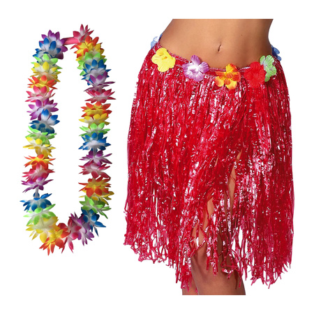 Toppers - Hawaii verkleed hoela rokje en bloemenkrans met led - volwassenen - rood - tropisch themafeest