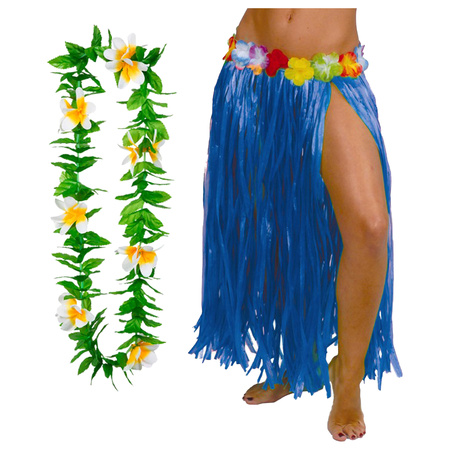 Hawaii verkleed hoela rokje en bloemenkrans - volwassenen - blauw - tropisch themafeest - hoela