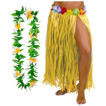 Toppers - Hawaii verkleed hoela rokje en bloemenkrans - volwassenen - geel - tropisch themafeest - hoela