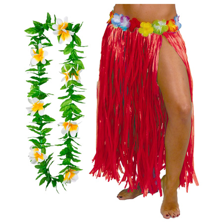 Toppers - Hawaii verkleed hoela rokje en bloemenkrans - volwassenen - rood - tropisch themafeest - hoela