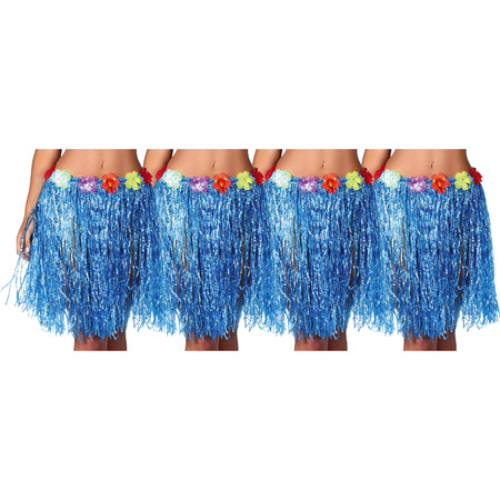 Hawaii verkleed rokje - 4x - voor volwassenen - blauw - 50 cm - rieten hoela rokje - tropisch