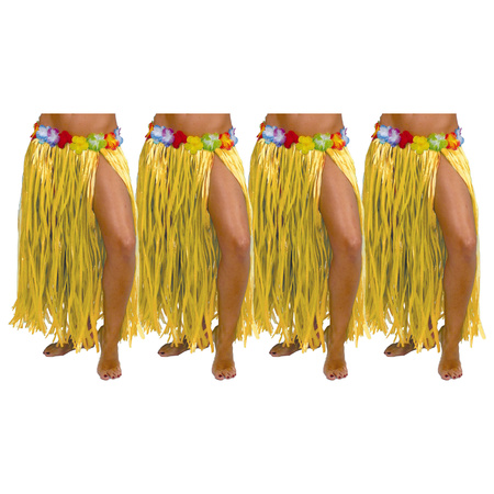 Hawaii verkleed rokje - 4x - voor volwassenen - geel - 75 cm - rieten hoela rokje - tropisch