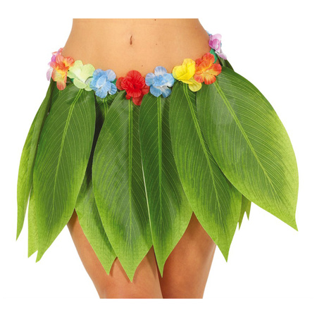 Toppers - Hawaii verkleed rokje met bladeren - voor volwassenen - groen - 38 cm - hoela rokje - tropisch