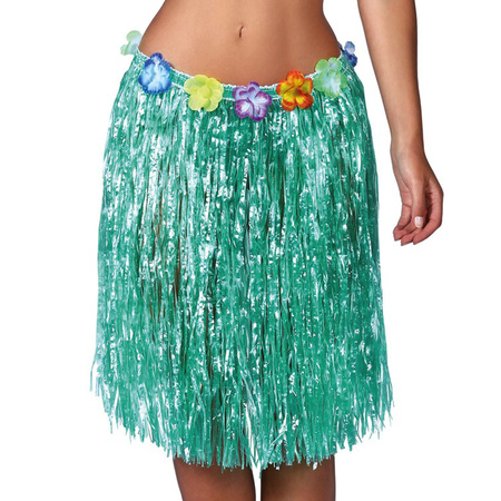 Toppers - Hawaii verkleed hoela rokje en bloemenkrans met led - volwassenen - groen - tropisch themafeest
