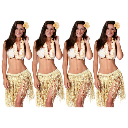 Hawaii verkleed set - 4x - voor volwassenen - naturel - rieten rokje/bloemenkrans/haarclip bloem