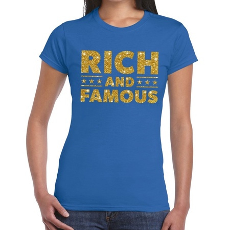 Rich and Famous goud glitter tekst t-shirt blauw dames