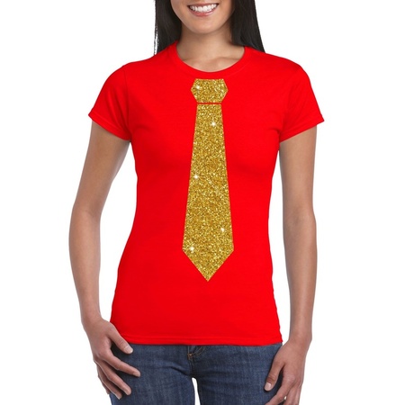 Red t-shirt with tie in glitter gold women 