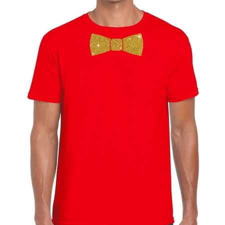 Rood fun t-shirt met vlinderdas in glitter goud heren