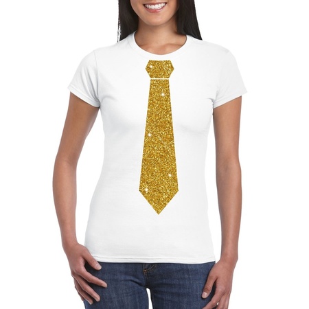 Wit fun t-shirt met stropdas in glitter goud dames