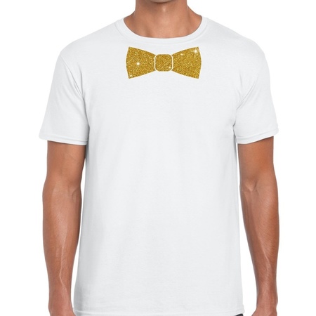 Wit fun t-shirt met vlinderdas in glitter goud heren